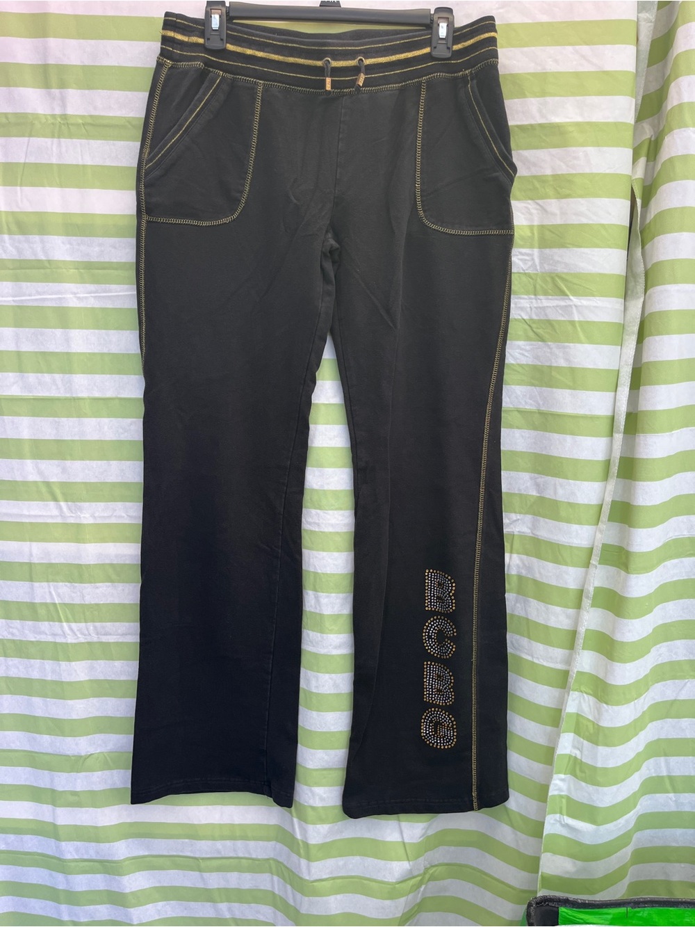 BCBGMaxAzria Black Sweatpants with Yellow Stitching and Logo